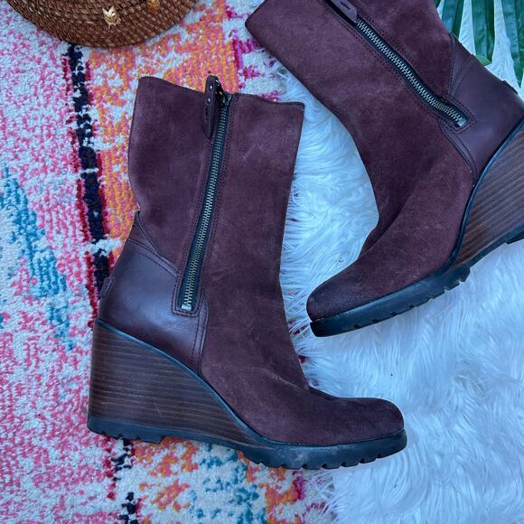Sorel Red Burgundy Leather After Hours Mid Calf Wedge Boot 8 Bootie Fall Winter - Picture 5 of 9